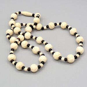 Carved Celluloid Beaded Tribal Necklace Black Brown White Spacer Beads 24"